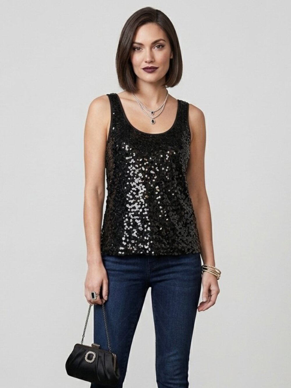 Express Black Sequin Scoop Neck Tank Top Festive Party Wear